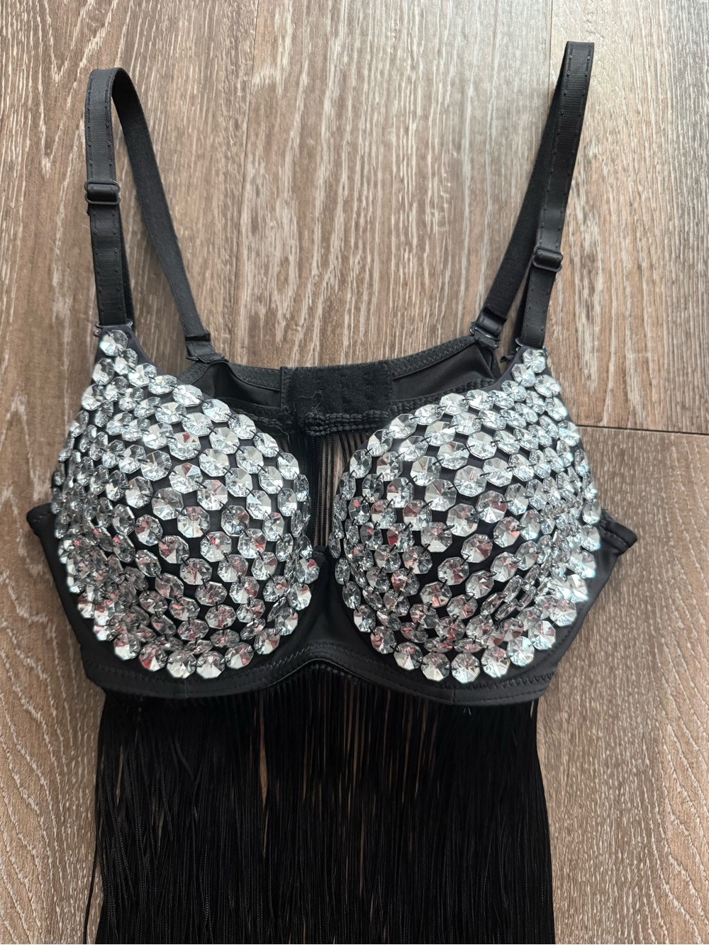 Black Fringe Bra Top with Silver Studded Cups - Picture 2 of 3